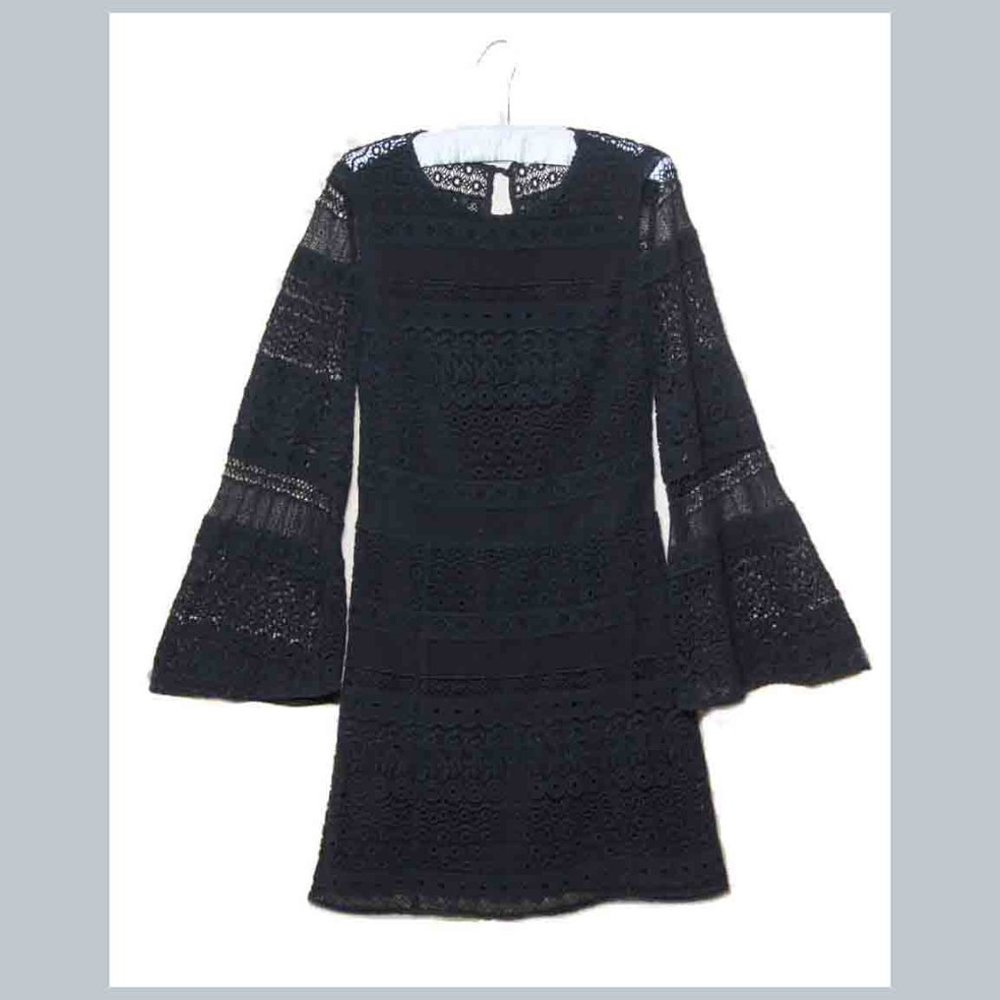 Rebecca Minkoff Die Cut Dress Flare Sleeves Black Cotton Women's Size 2